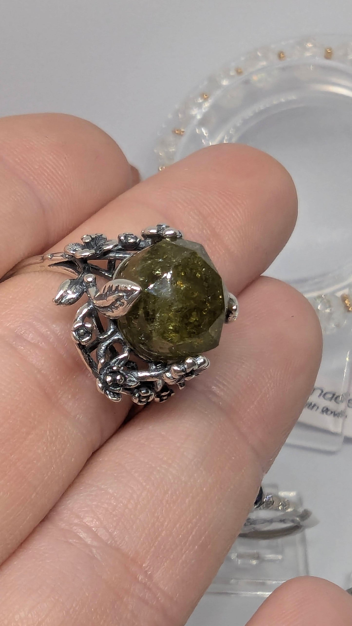 Green Garnet Sterling Silver Statement Ring – Adjustable to Size U