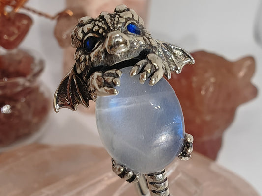The Dragon and the Egg - Sterling Silver Adjustable Ring (up to U) with Moon Stone or Blue Star Ruby