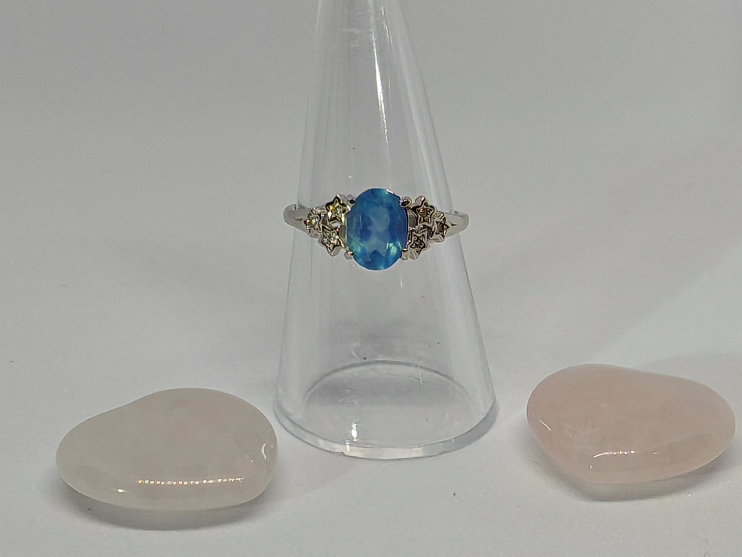 Blue Star Gazing - Sterling Silver Adjustable Ring with CZ Stars Surrounding a Beautiful Aqua Stone. Up to Size (Q)