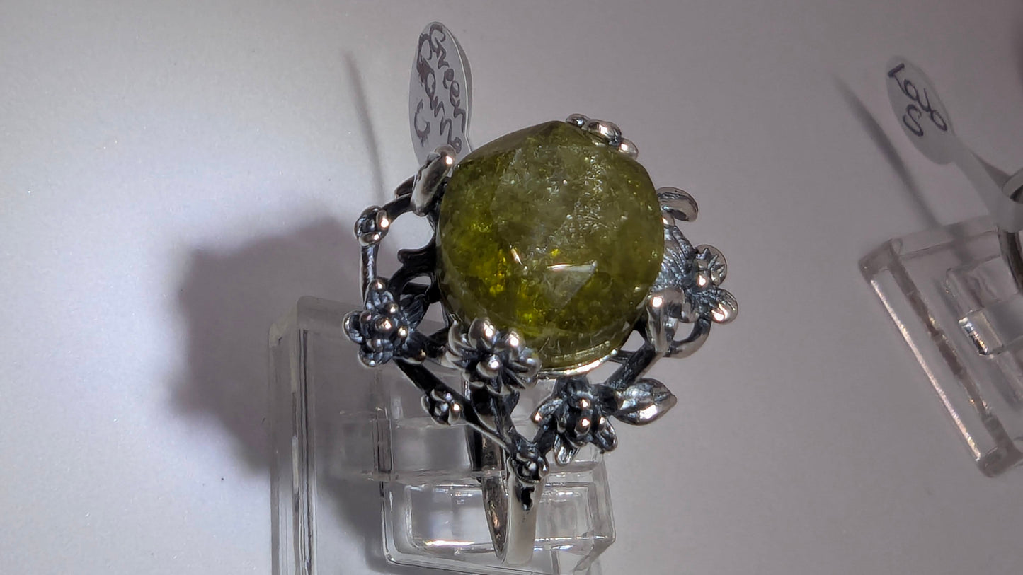 Green Garnet Sterling Silver Statement Ring – Adjustable to Size U