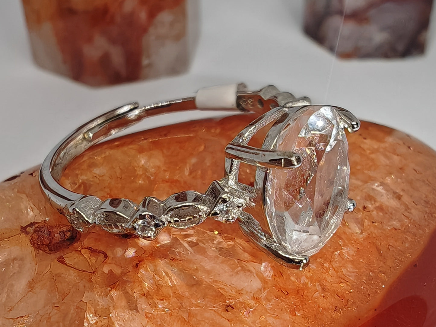 Large clear quartz - Sterling Silver Adjustable Ring with CZ Stones up to Size (R)