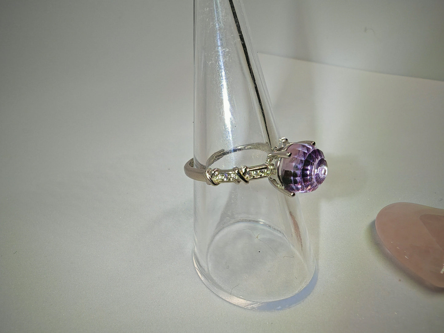 Amethyst dome - Sterling Silver Adjustable Ring with Facets Galore. Up to Size (R)