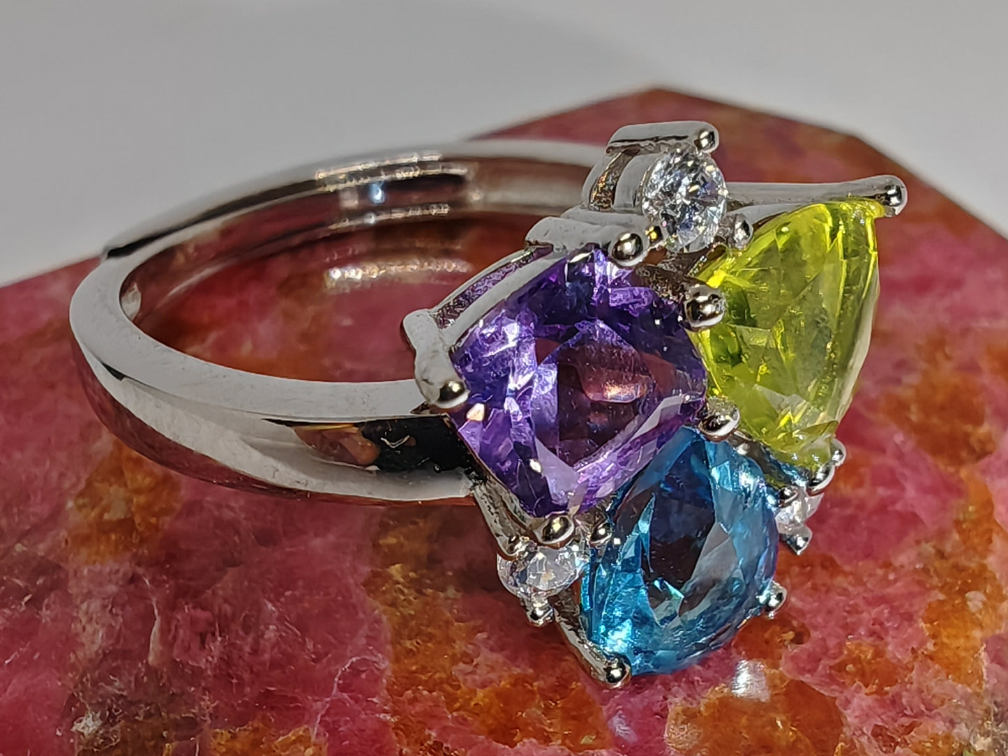 Triple Topaz - Sterling Silver Adjustable Ring up to Size U