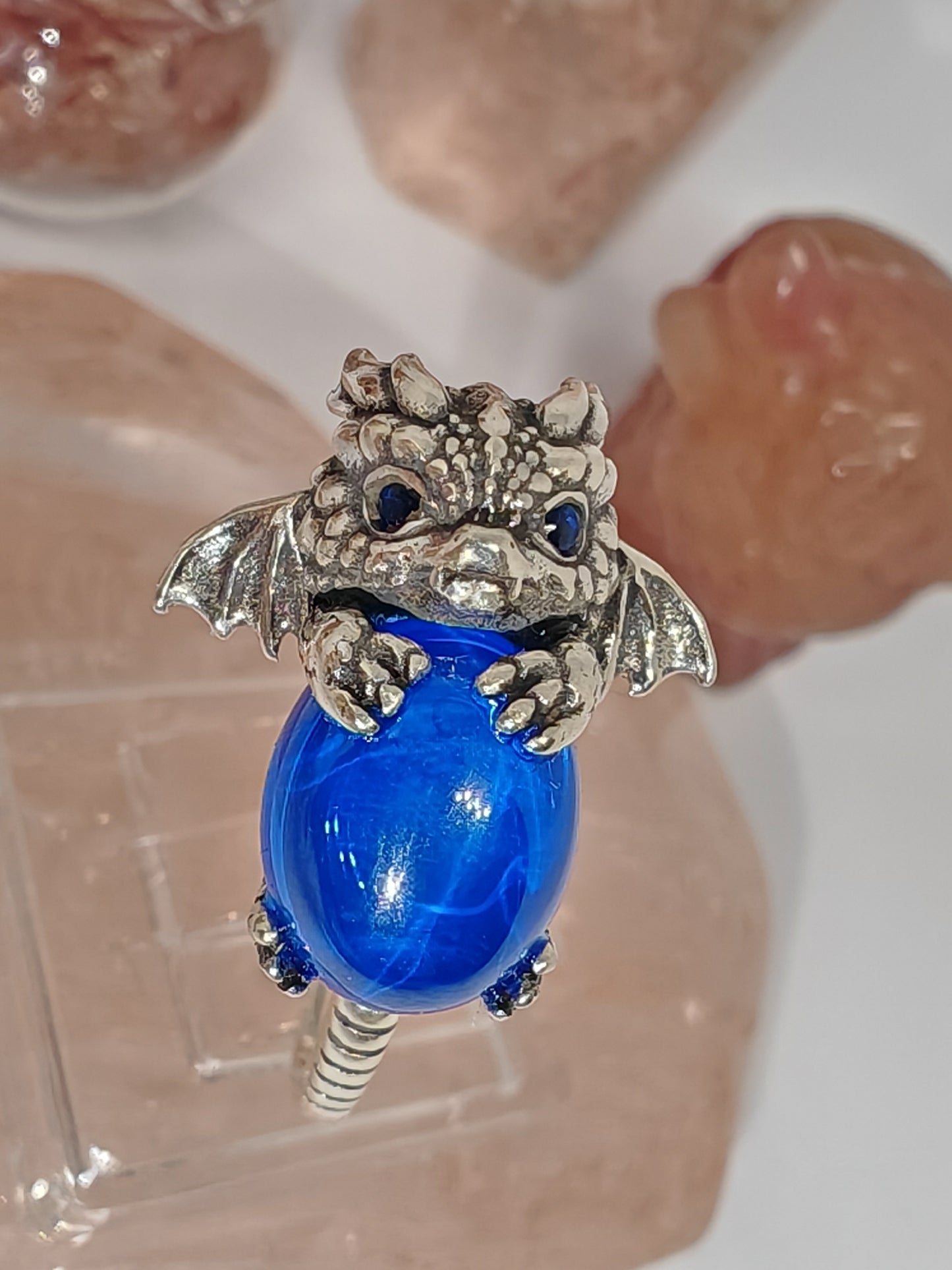 The Dragon and the Egg - Sterling Silver Adjustable Ring (up to U) with Moon Stone or Blue Star Ruby