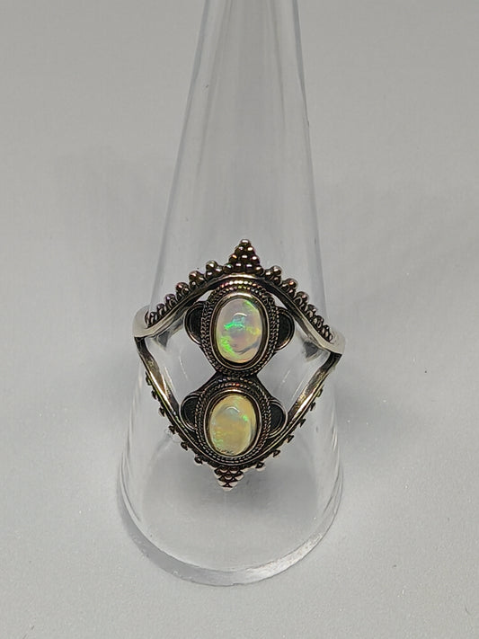 Double Opal Classic - A Dual Opal Stone Ring In a Bold Sterling Silver Band (U)