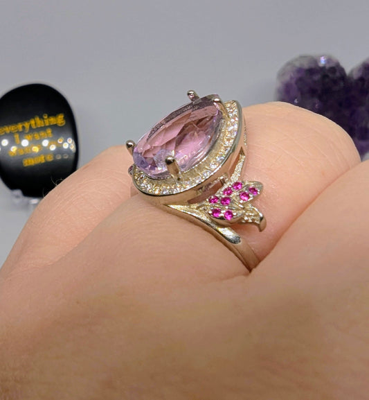 Lavender and Ruby Fantasy - Sterling Silver Adjustable Ring up to Size T